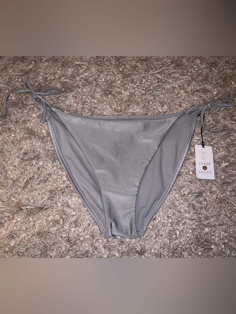 Shade & Shope Low Rise High Leg Cheeky Silver Tie-Side Bikini Bottom size L NWT